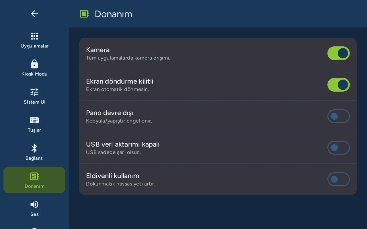 Fiosk Launcher donanım anahtarları ekranı; kamera, USB ve ekran döndürme denetimi