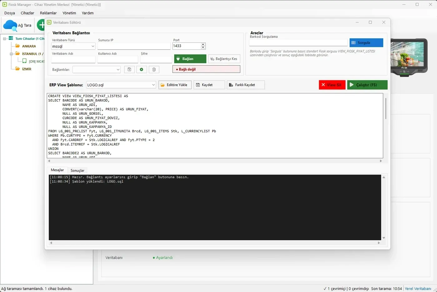 Fiosk Manager veritabanı bağlantısı ve alan eşleme ekranı